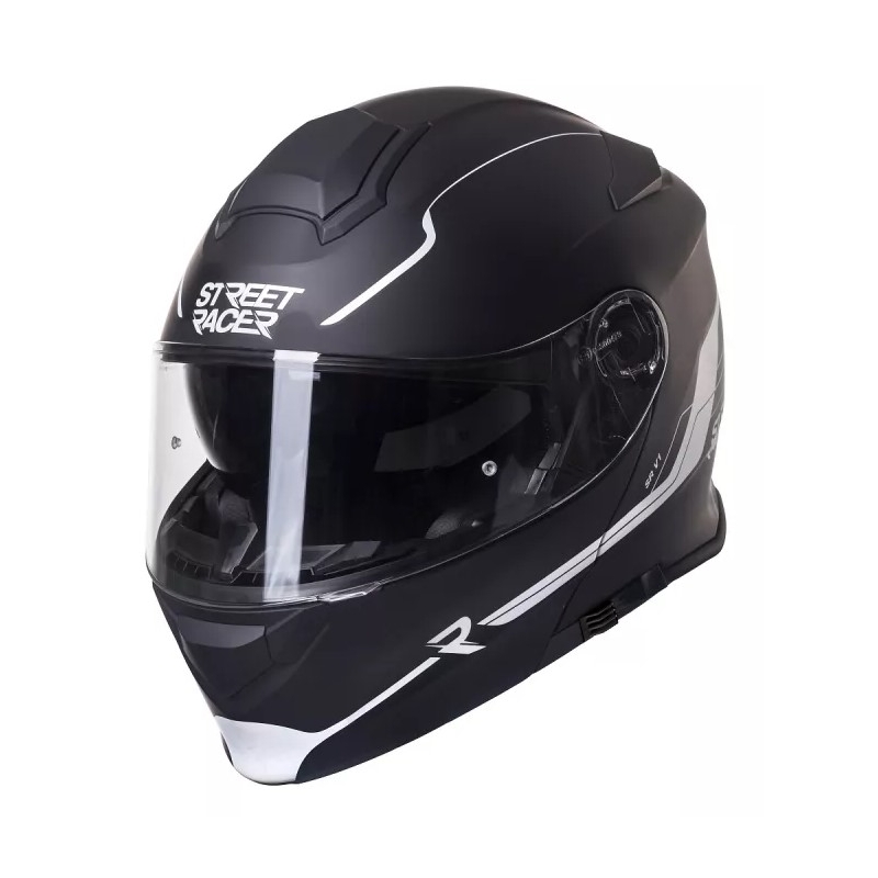 Street Racer SR V1 must-valge tipp-up mootorratta kiiver allahindlus