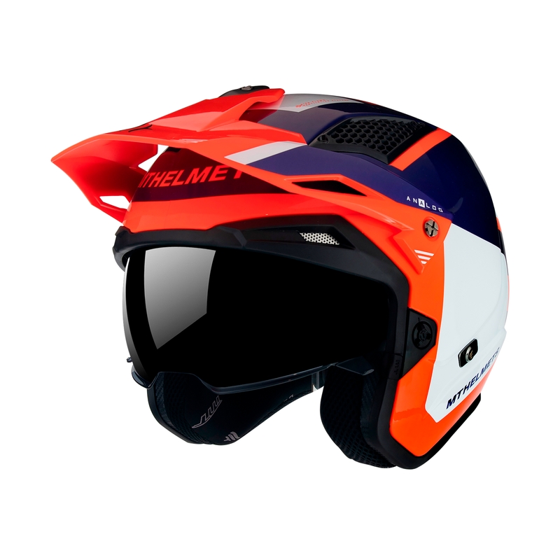 Otevřená trialová přilba na motorku MT District SV Analog D5 modro-bílo-fluo oranžová