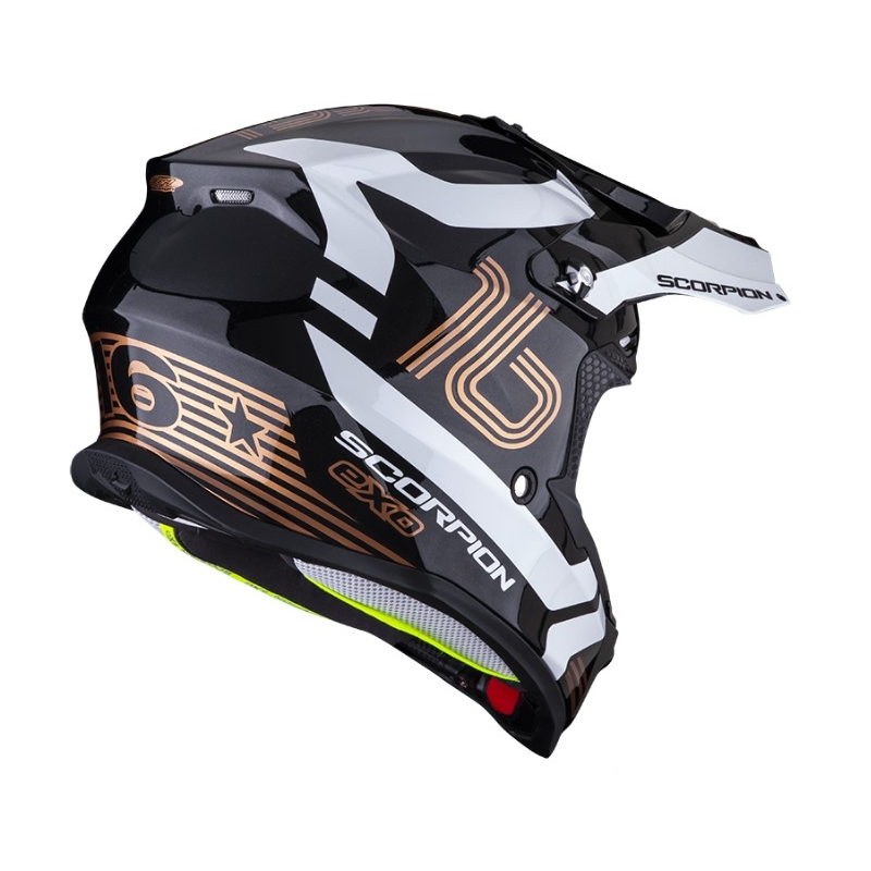 Motokrosová přilba Scorpion VX-16 EVO AIR TUB černo-bílo-zlatá metalická