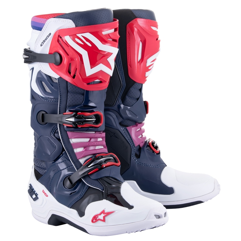 Alpinestars Tech 10 Supervented perforeeritud tumesinine-valge-punane-lilla mootorratta saapad