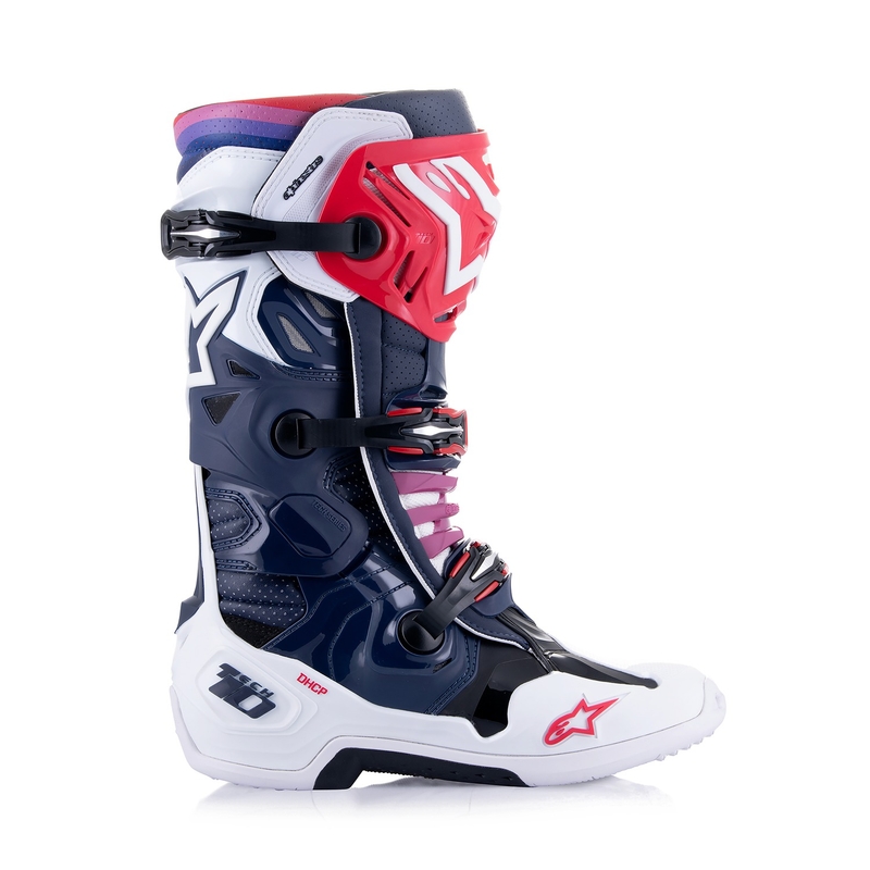 Alpinestars Tech 10 Supervented perforeeritud tumesinine-valge-punane-lilla mootorratta saapad