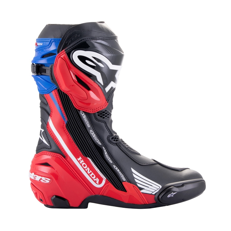 Alpinestars Supertech R Honda must-punased Fluo-sinine-valged mootorratta saapad