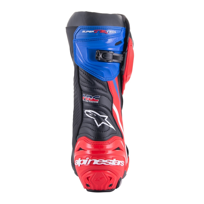 Alpinestars Supertech R Honda must-punased Fluo-sinine-valged mootorratta saapad