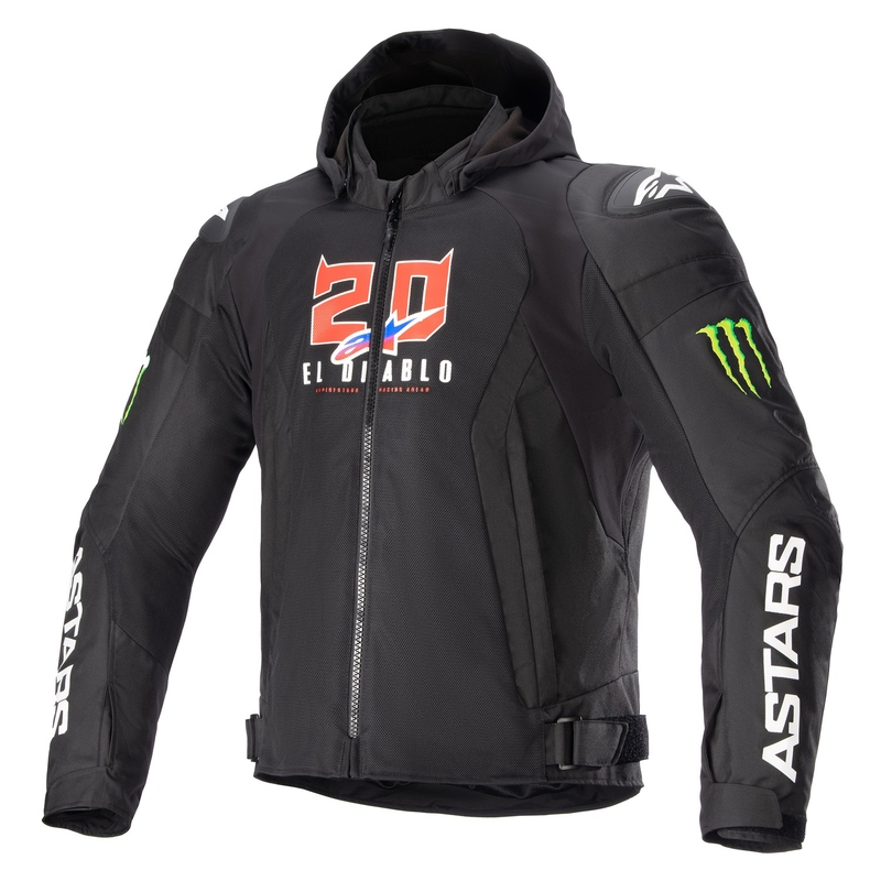Alpinestars Zaca Air Monster FQ20 Must-punane-sinine-valge-roheline mootorratta jakk