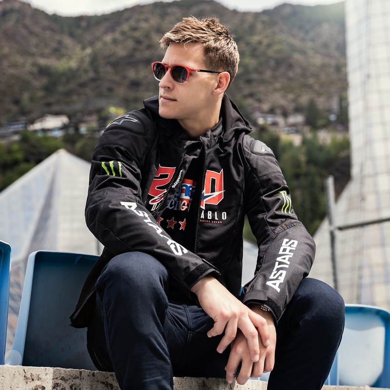 Alpinestars Zaca Air Monster FQ20 Must-punane-sinine-valge-roheline mootorratta jakk