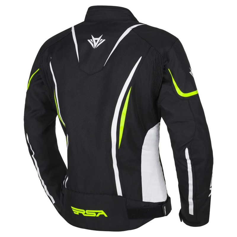 Naiste RSA Wasp must-valge-fluorokollane mootorratta jope