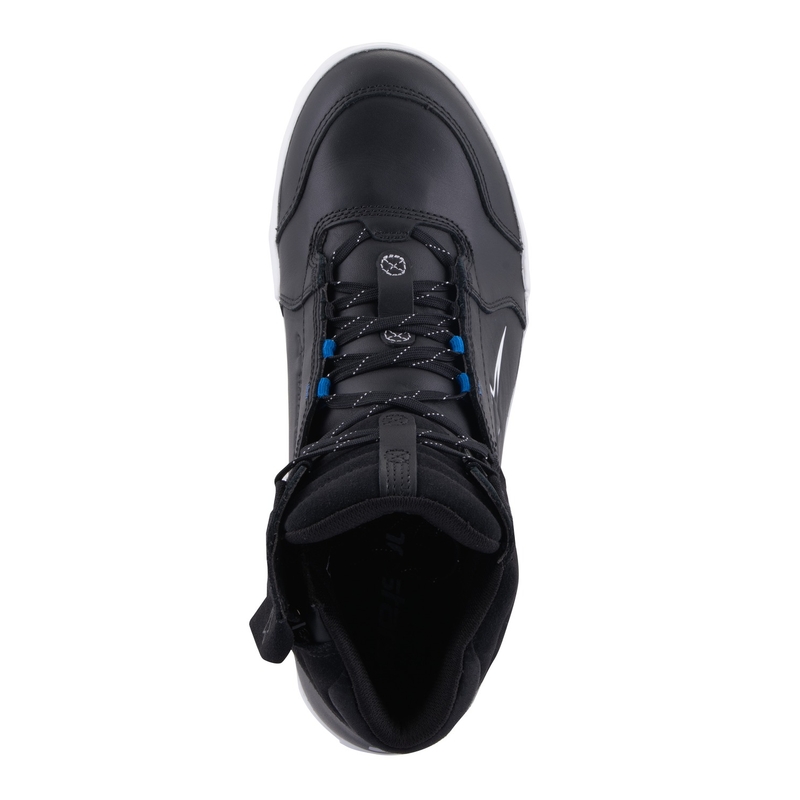 Alpinestars Chrome Drystar mustad, valged ja sinised mootorratta saapad