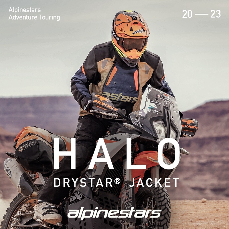 Alpinestars Halo Drystar tumesinine-haki-oranž-must mootorratta jope