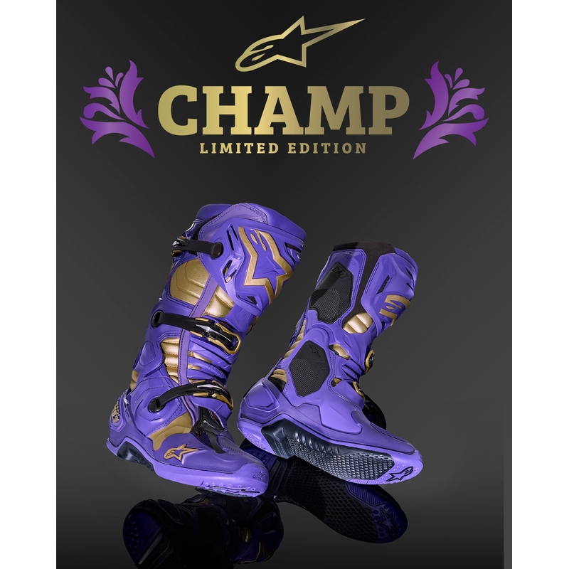 Alpinestars Tech 10 Limited Edition Champ lilla ja kuldne mootorratta saapad