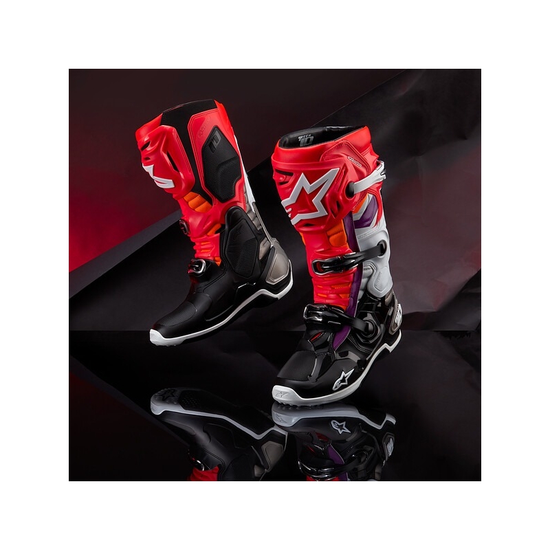 Alpinestars Tech 10 oranž-kollane-lilla-valge-mustad mootorratta saapad