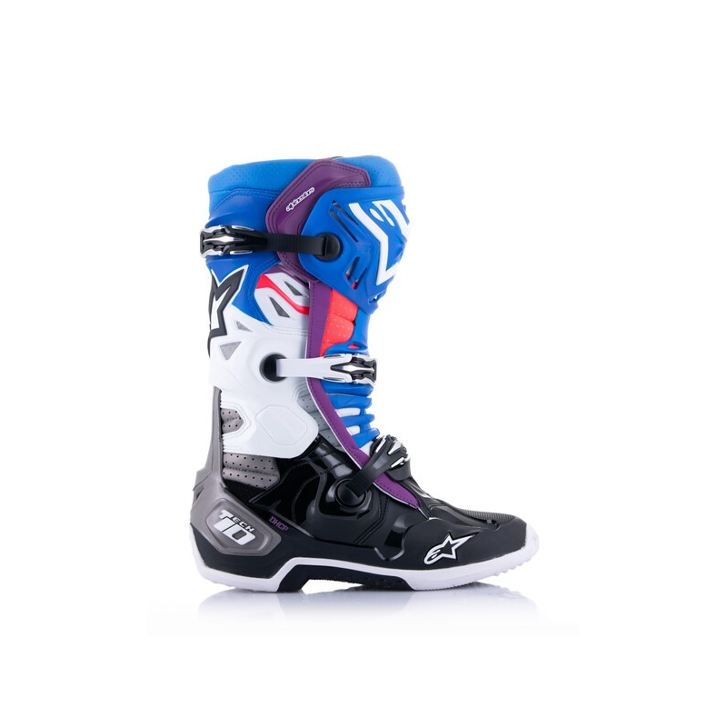 Alpinestars Tech 10 Supervented perforeeritud sinine-lilla-roosa-valge-hall-mustad mootorratta saapad