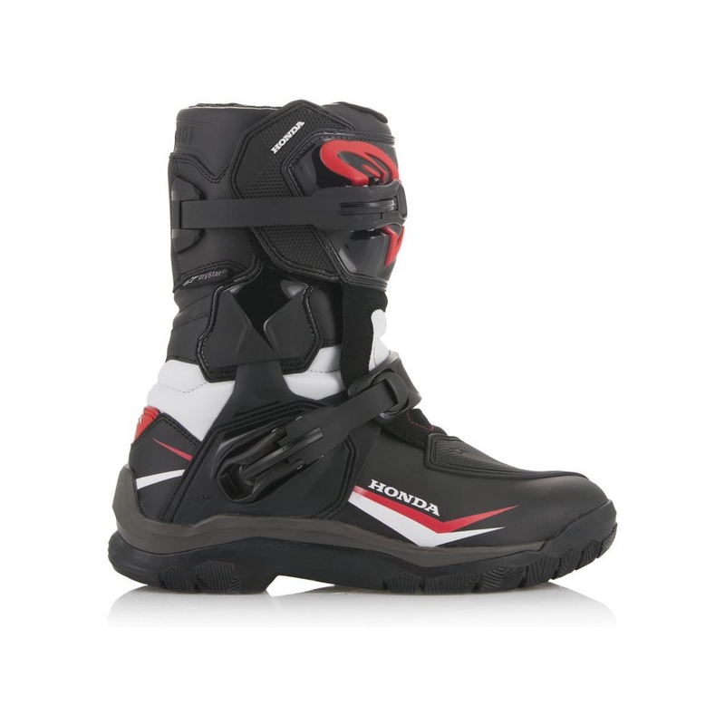 Alpinestars Belize Drystar Honda Collection mustad, valged ja punased mootorrattasaapad