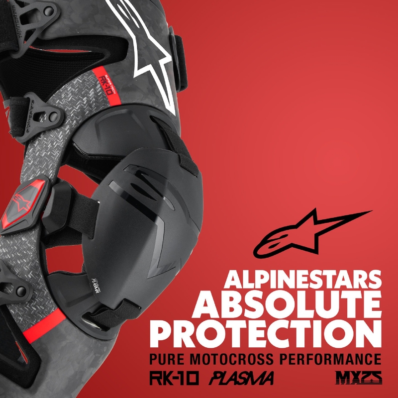Alpinestars Supertech RK-10 Plasma mustad ja punased põlvekaitsmed