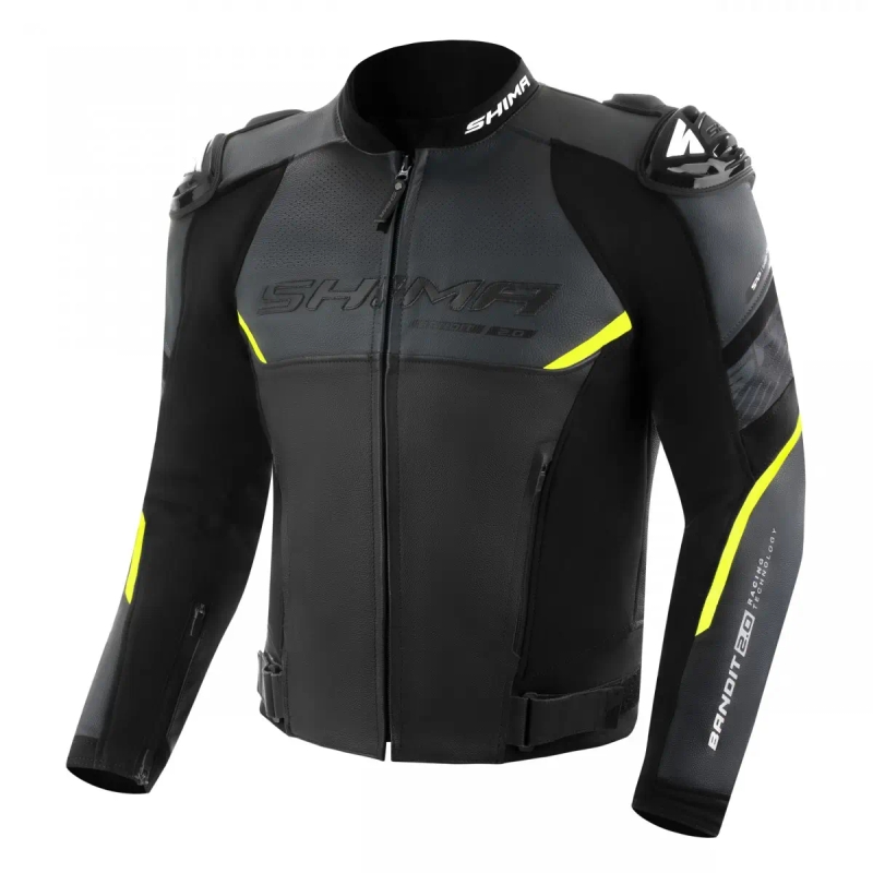 Shima Bandit 2.0 must-valge-fluo kollane nahast mootorratta jakk