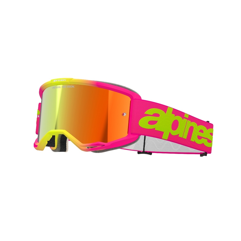 Alpinestars Vision 5 Wordmark roosa-fluokollased motokrossiprillid peegelpunase pleksiga