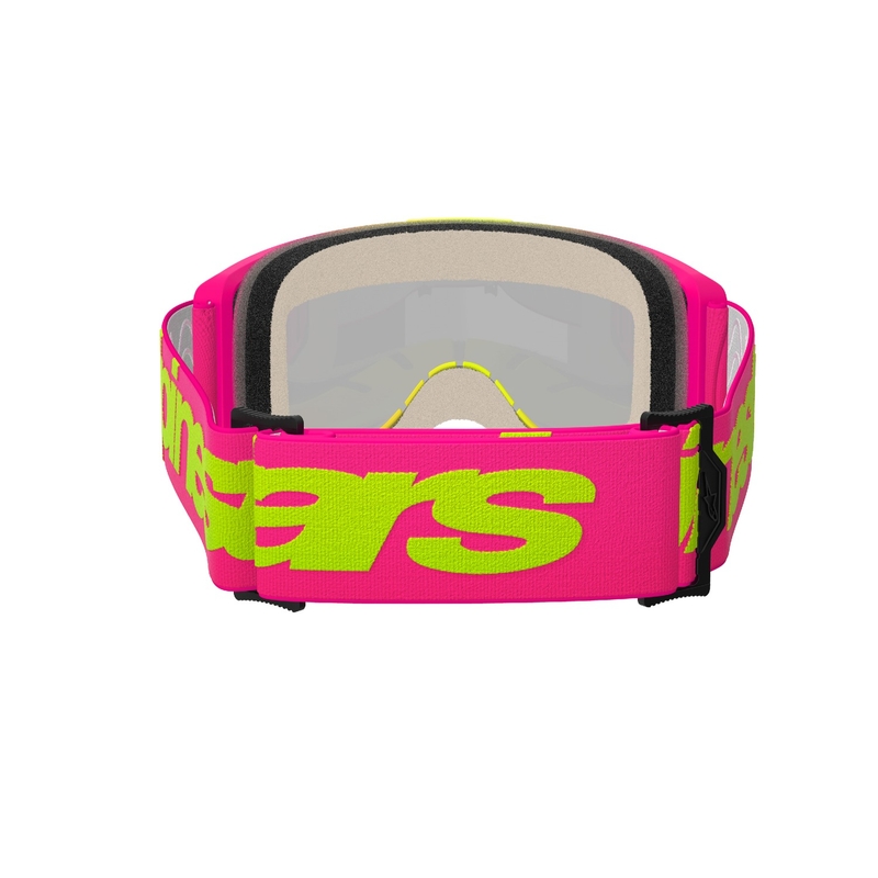 Alpinestars Vision 5 Wordmark roosa-fluokollased motokrossiprillid peegelpunase pleksiga