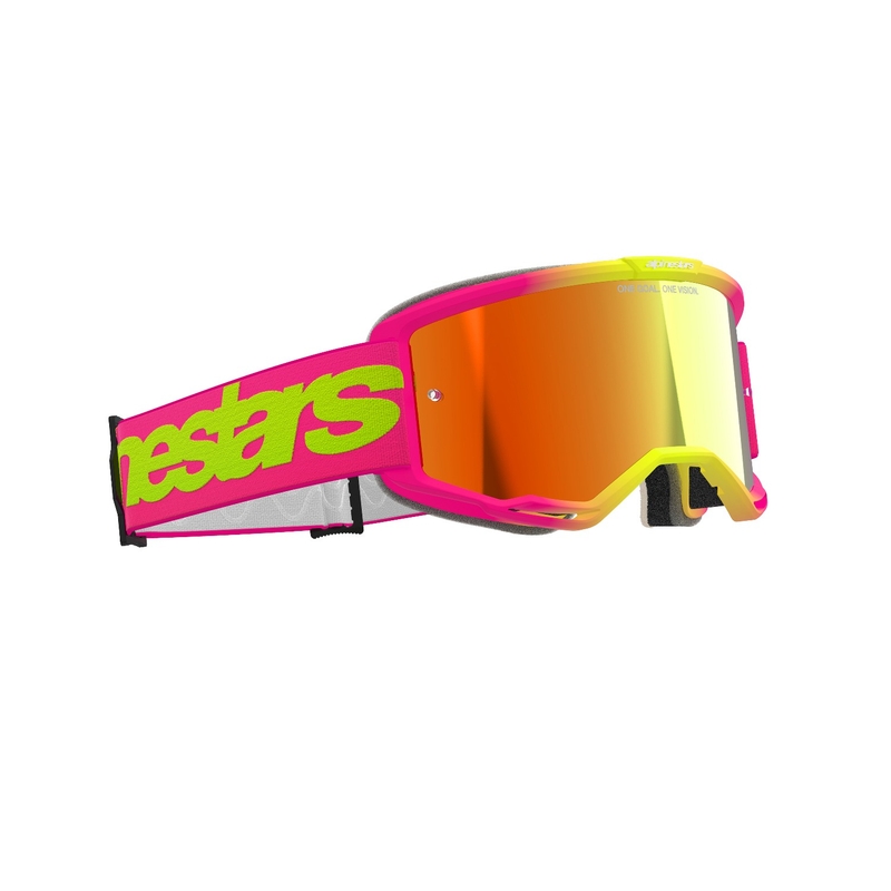 Alpinestars Vision 5 Wordmark roosa-fluokollased motokrossiprillid peegelpunase pleksiga