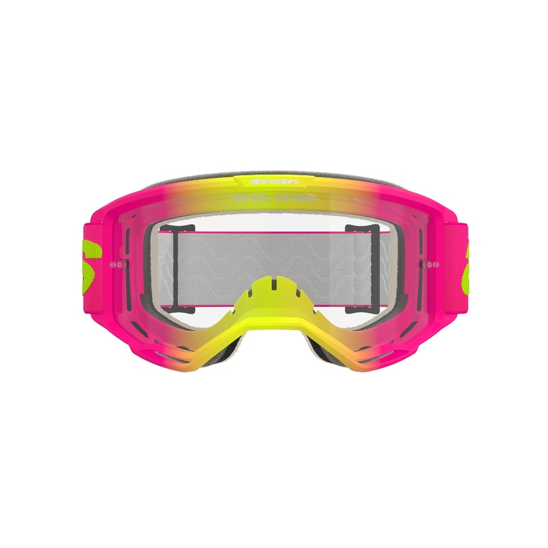Alpinestars Vision 5 Wordmark roosa-fluo-kollased motokrossiprillid läbipaistva pleksiklaasiga