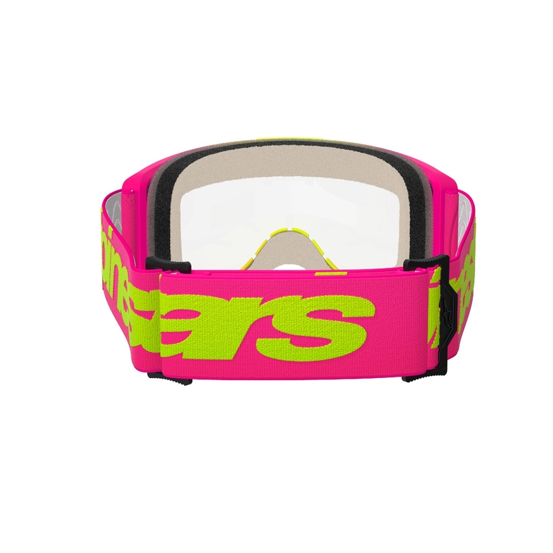 Alpinestars Vision 5 Wordmark roosa-fluo-kollased motokrossiprillid läbipaistva pleksiklaasiga