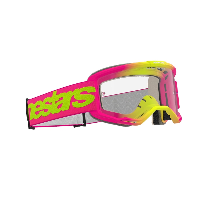 Alpinestars Vision 5 Wordmark roosa-fluo-kollased motokrossiprillid läbipaistva pleksiklaasiga