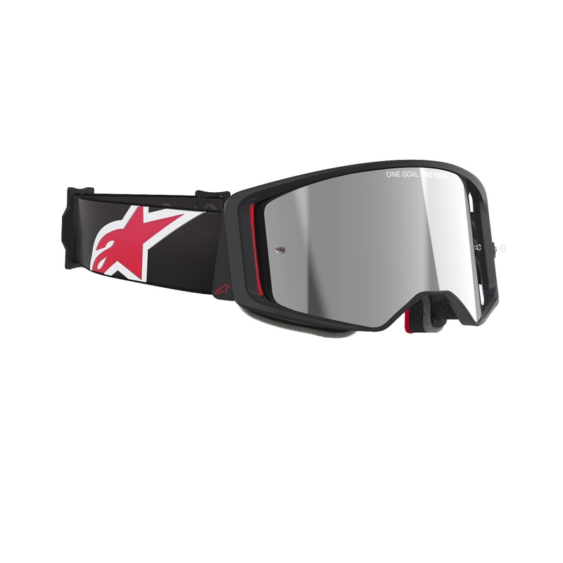 Alpinestars Supertech Corp mustad ja punased motokrossiprillid hõbedaste peegelklaasidega