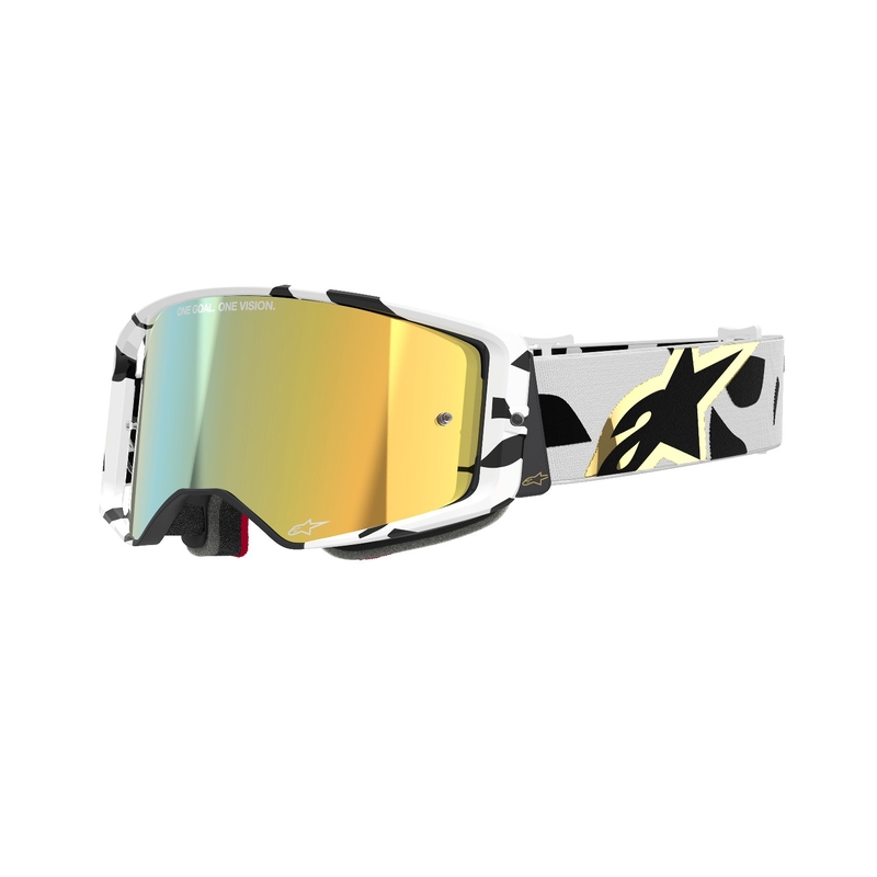 Alpinestars Supertech Corp valged ja kuldsed motokrossiprillid peegelkuldse prilliklaasiga
