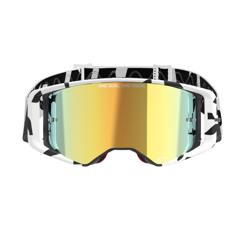Alpinestars Supertech Corp valged ja kuldsed motokrossiprillid peegelkuldse prilliklaasiga