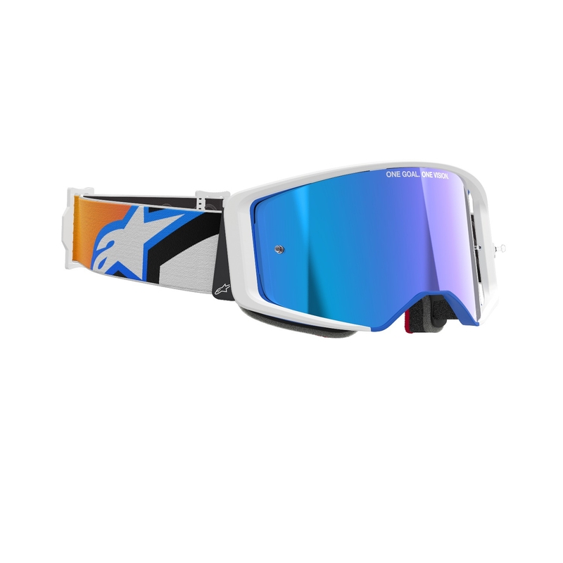 Motokrosové brýle Alpinestars Supertech Corp modro-oranžové se zrcadlovým modrým zorníkem