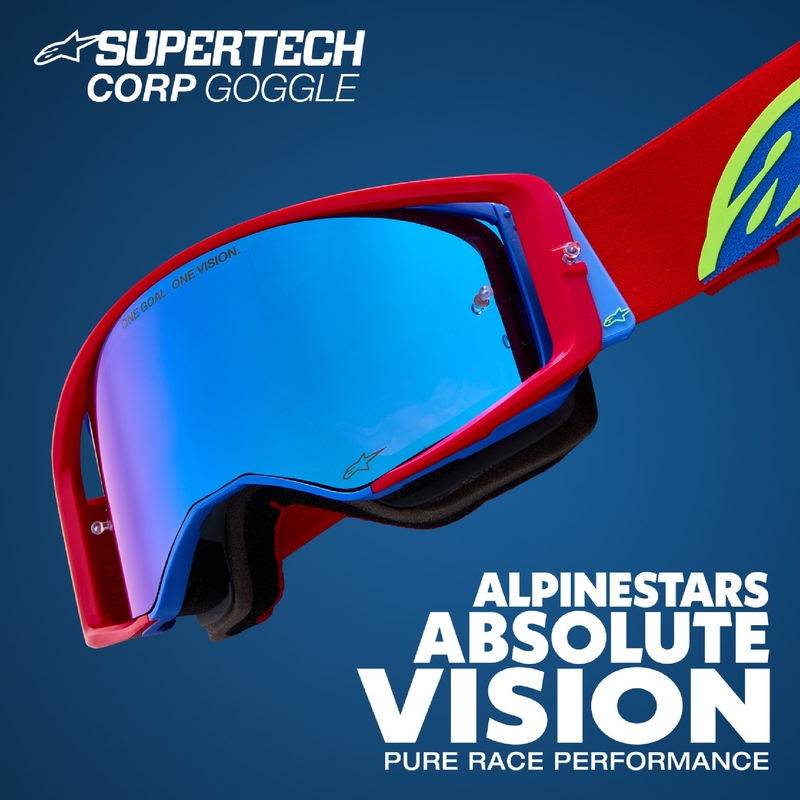Alpinestars Supertech Corp fluo kollane-hall motokrossiprillid peegelpunase klaaspildiga