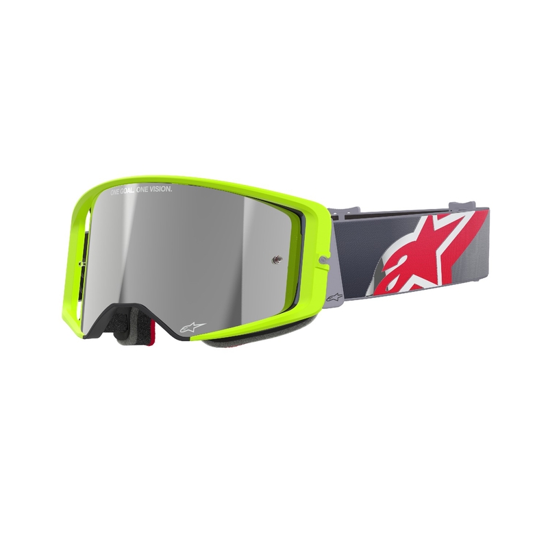 Alpinestars Supertech Corp fluo kollane-punased motokrossprillid hõbedaste peegelklaasidega