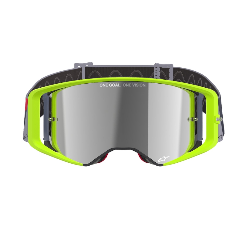 Alpinestars Supertech Corp fluo kollane-punased motokrossprillid hõbedaste peegelklaasidega
