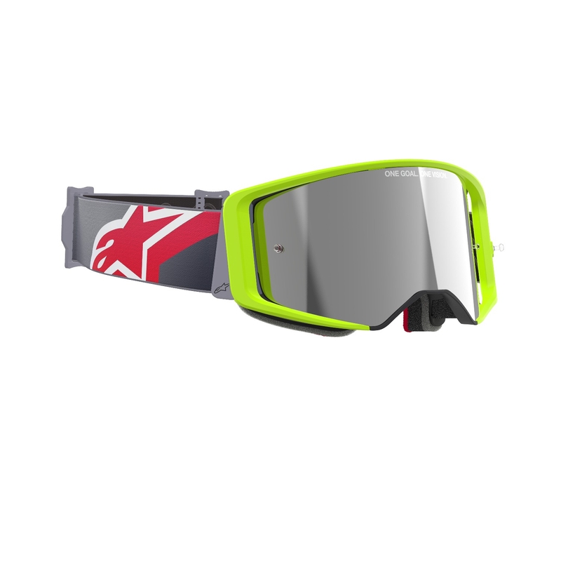 Alpinestars Supertech Corp fluo kollane-punased motokrossprillid hõbedaste peegelklaasidega