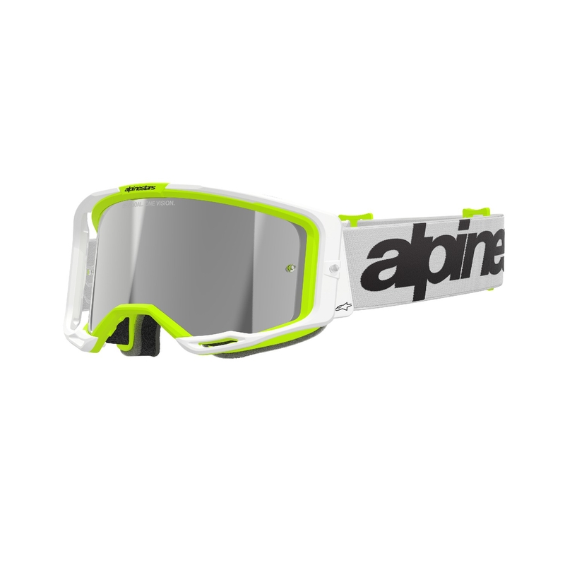 Alpinestars Vision 8 Wordmark motokrossiprillid valge-fluokollased, hõbedaste peegelklaasidega.