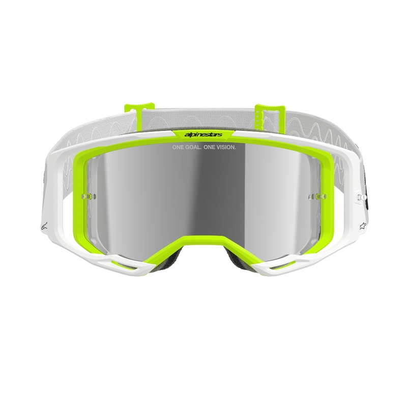 Alpinestars Vision 8 Wordmark motokrossiprillid valge-fluokollased, hõbedaste peegelklaasidega.