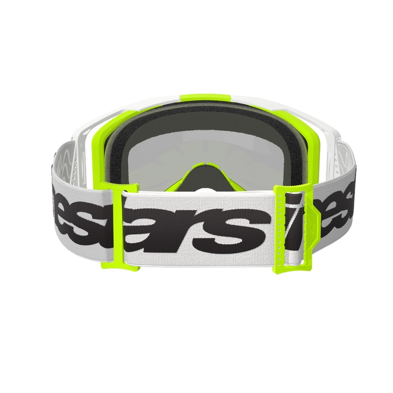 Alpinestars Vision 8 Wordmark motokrossiprillid valge-fluokollased, hõbedaste peegelklaasidega.
