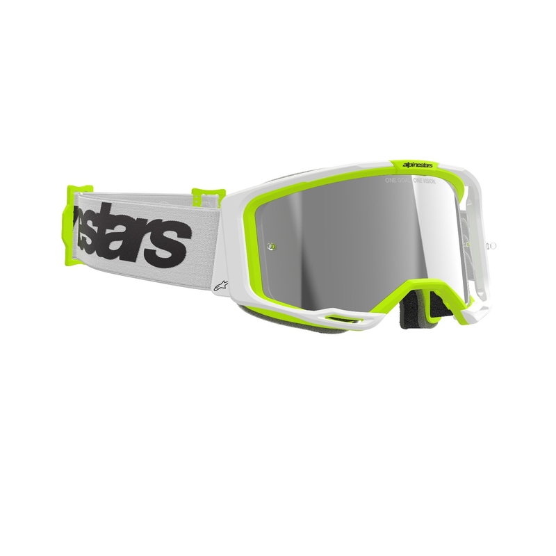 Alpinestars Vision 8 Wordmark motokrossiprillid valge-fluokollased, hõbedaste peegelklaasidega.