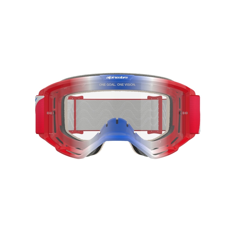 Alpinestars Vision 5 Corp punased, valged ja sinised motokrossiprillid läbipaistva klaasiga