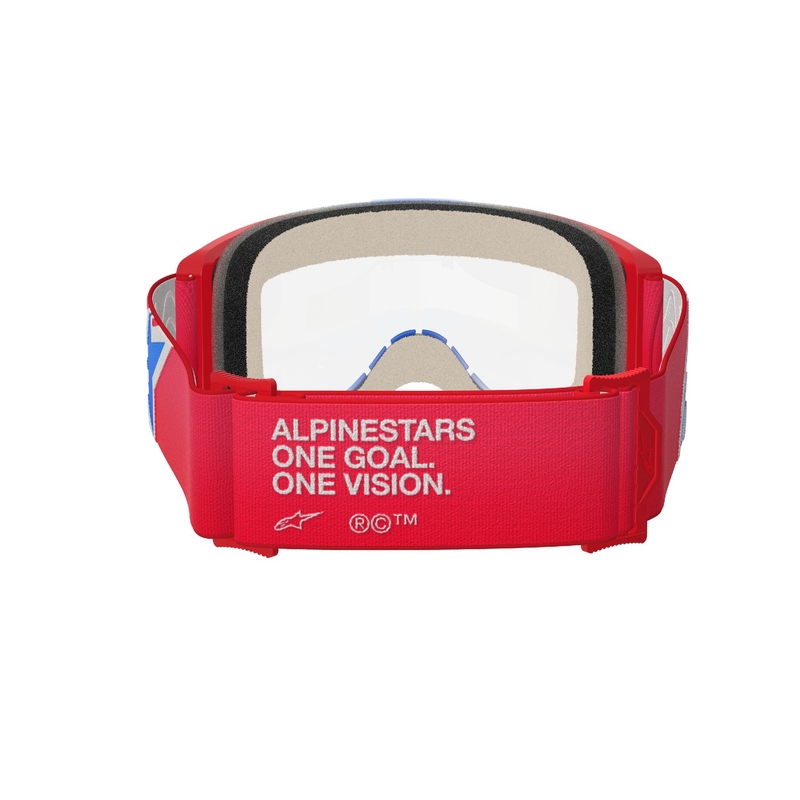 Alpinestars Vision 5 Corp punased, valged ja sinised motokrossiprillid läbipaistva klaasiga