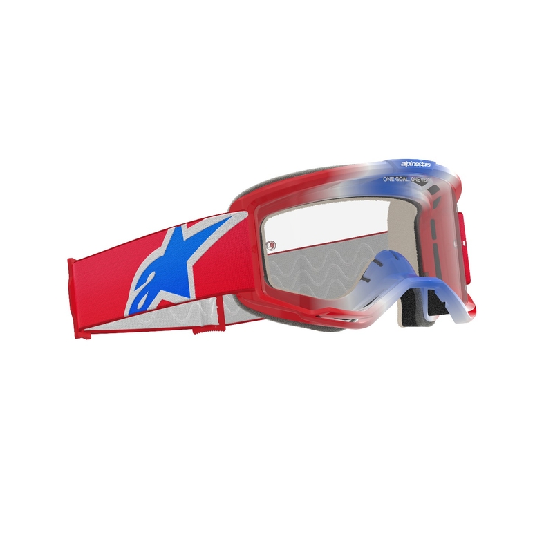 Alpinestars Vision 5 Corp punased, valged ja sinised motokrossiprillid läbipaistva klaasiga