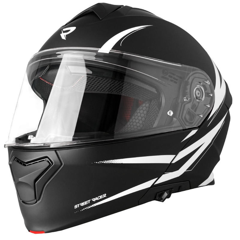 Flip-up mootorratta kiiver Street Racer Fury matt must ja valge