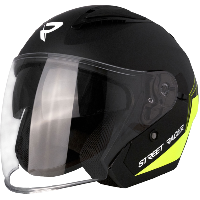 Avatud mootorratta kiiver Street Racer Sonic matt must-fluo kollane