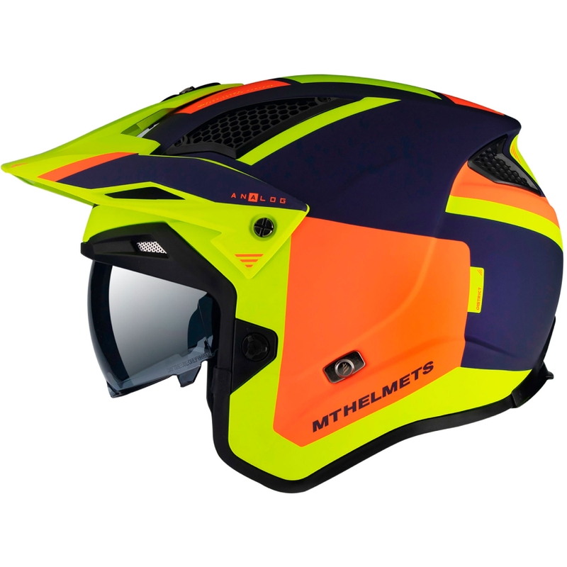 Otevřená trialová přilba na motorku MT District SV Analog D27 modro-oranžovo-fluo žlutá