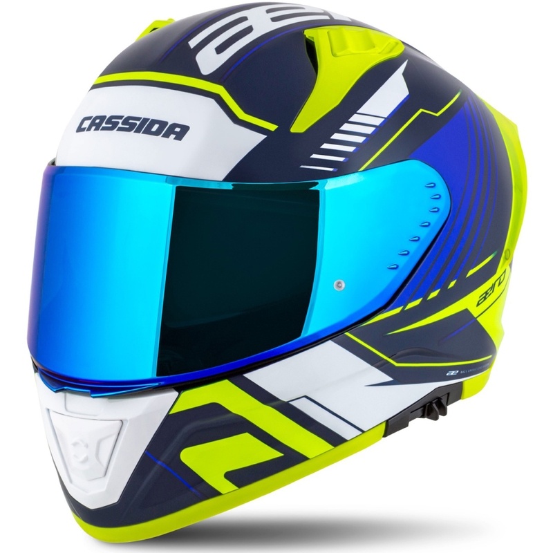Cassida Aero Drome sini-fluo-kollane-helesinine-valge integreeritud mootorratta kiiver