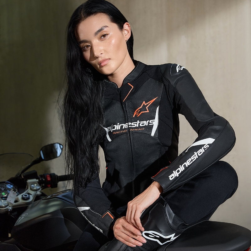 Alpinestars Stella Faster 3 naiste nahast mootorratta jope must-valge-fluoripunane