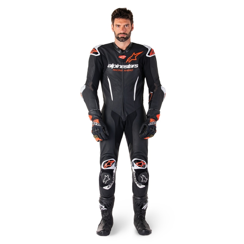 Alpinestars GP-R7 Tech-Air valmis/ühilduv must-valge-fluorpunane üheosaline nahast mootorrattaülikond