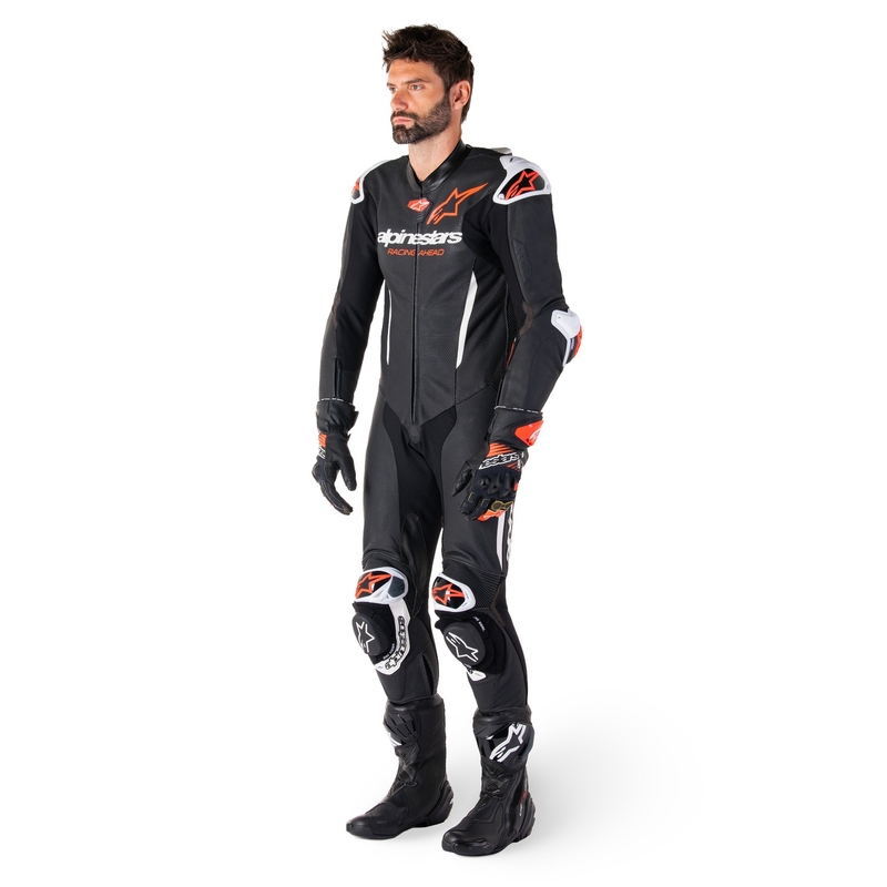 Alpinestars GP-R7 Tech-Air valmis/ühilduv must-valge-fluorpunane üheosaline nahast mootorrattaülikond