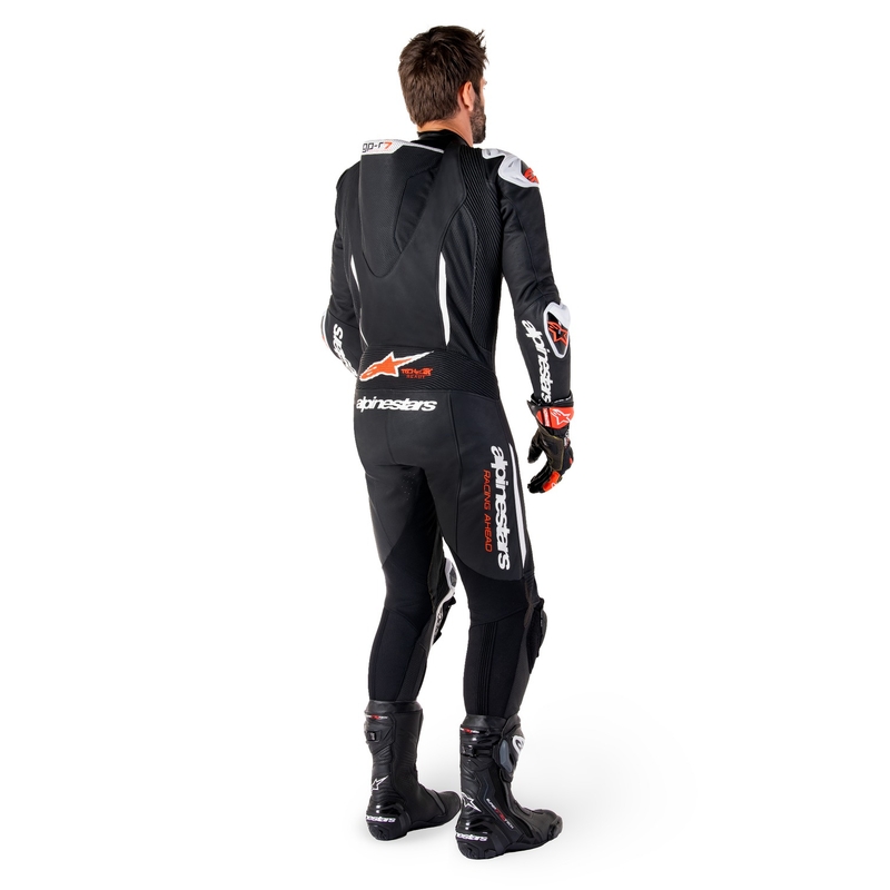 Alpinestars GP-R7 Tech-Air valmis/ühilduv must-valge-fluorpunane üheosaline nahast mootorrattaülikond
