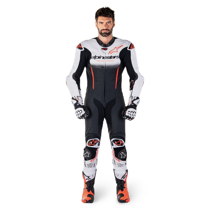 Alpinestars GP-R7 Tech-Air valmis/ühilduv valge-must-fluo punane üheosaline nahkkostüüm