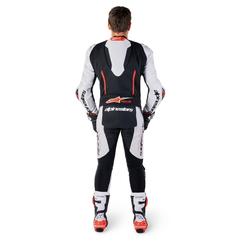 Alpinestars GP-R7 Tech-Air valmis/ühilduv valge-must-fluo punane üheosaline nahkkostüüm