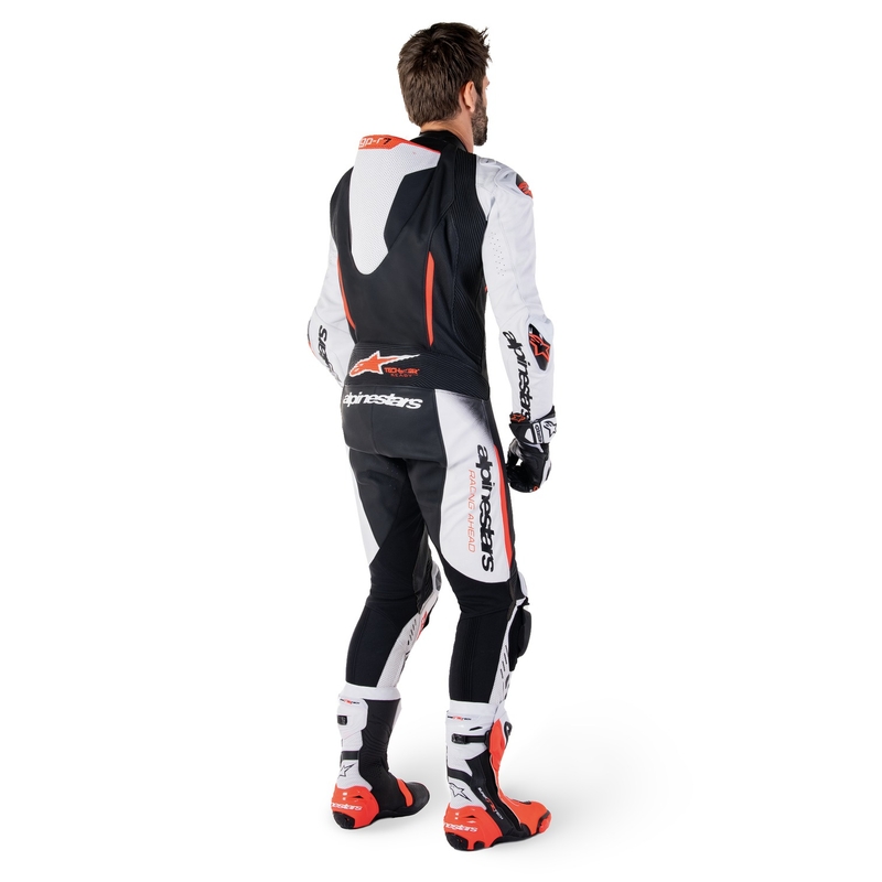 Alpinestars GP-R7 Tech-Air valmis/ühilduv valge-must-fluo punane üheosaline nahkkostüüm